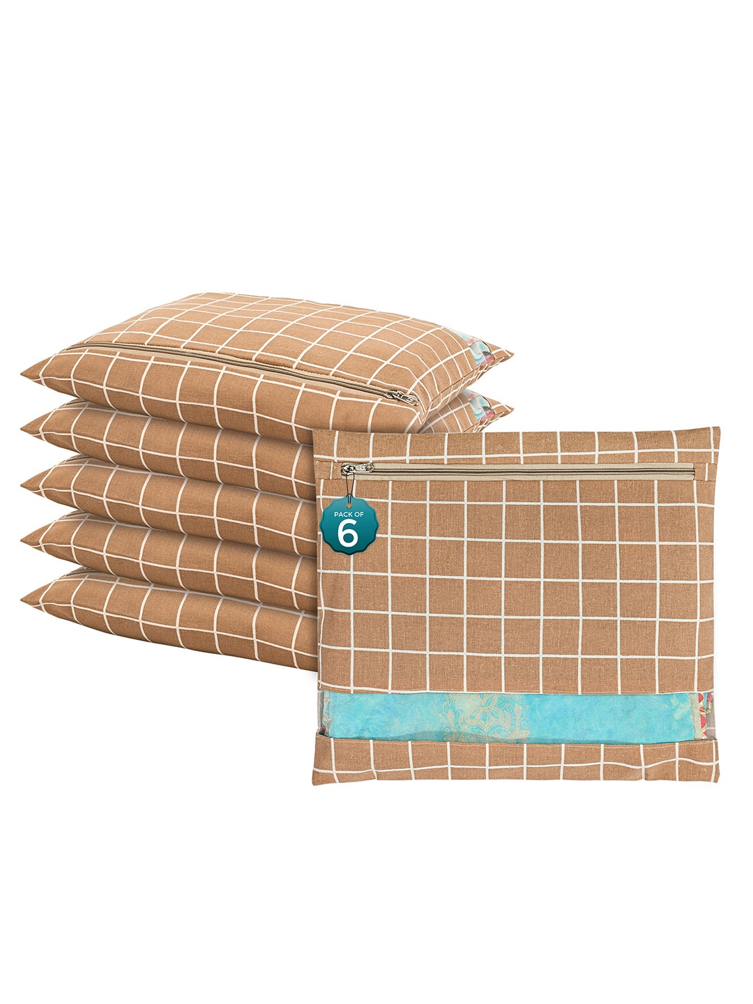 

Kuber Industries Brown & White 6 Pieces Checked Mesh Cotton Saree Covers Organizers
