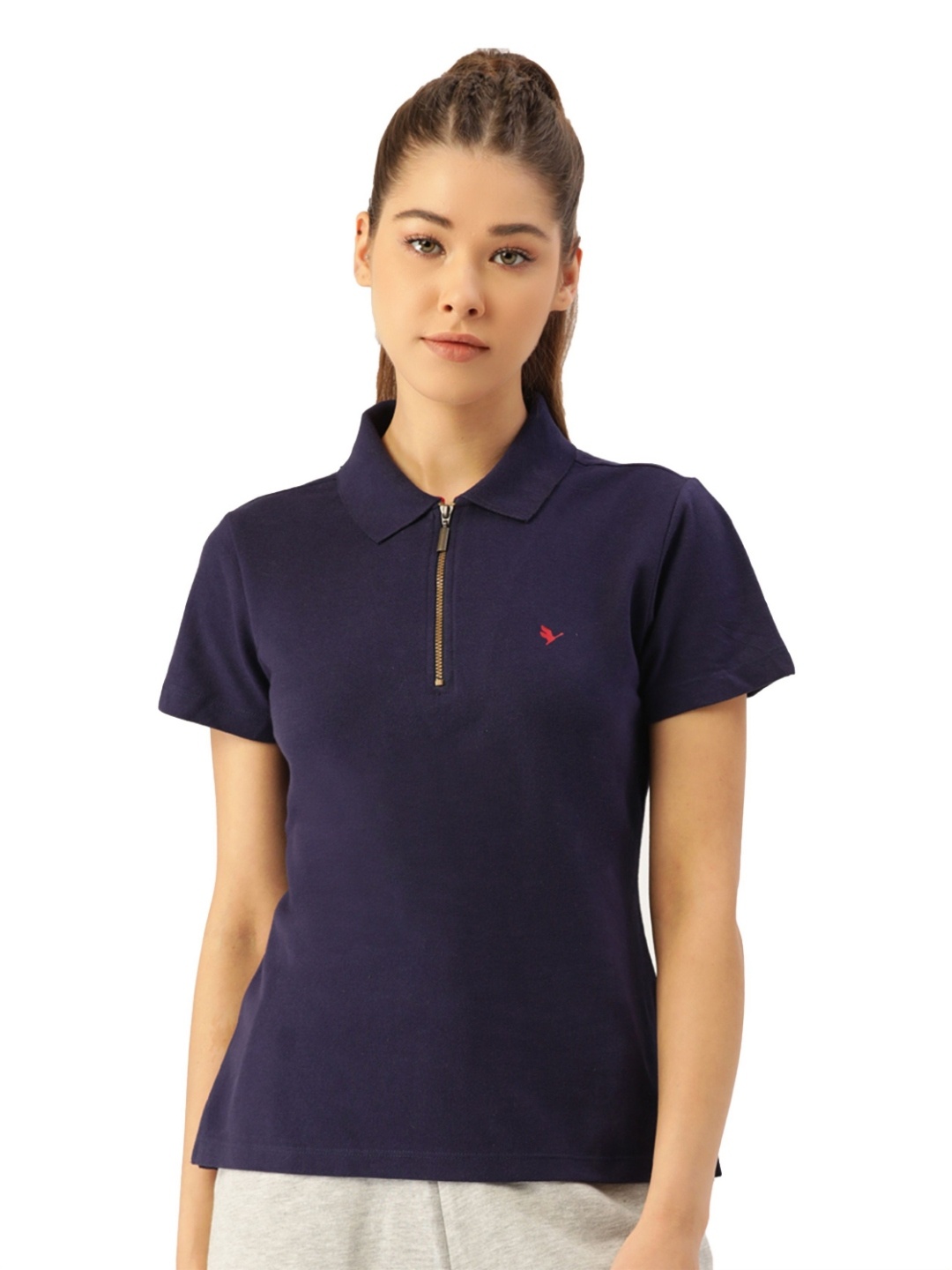 

AMSWAN Women Solid Polo Collar Cotton T-shirt, Navy blue