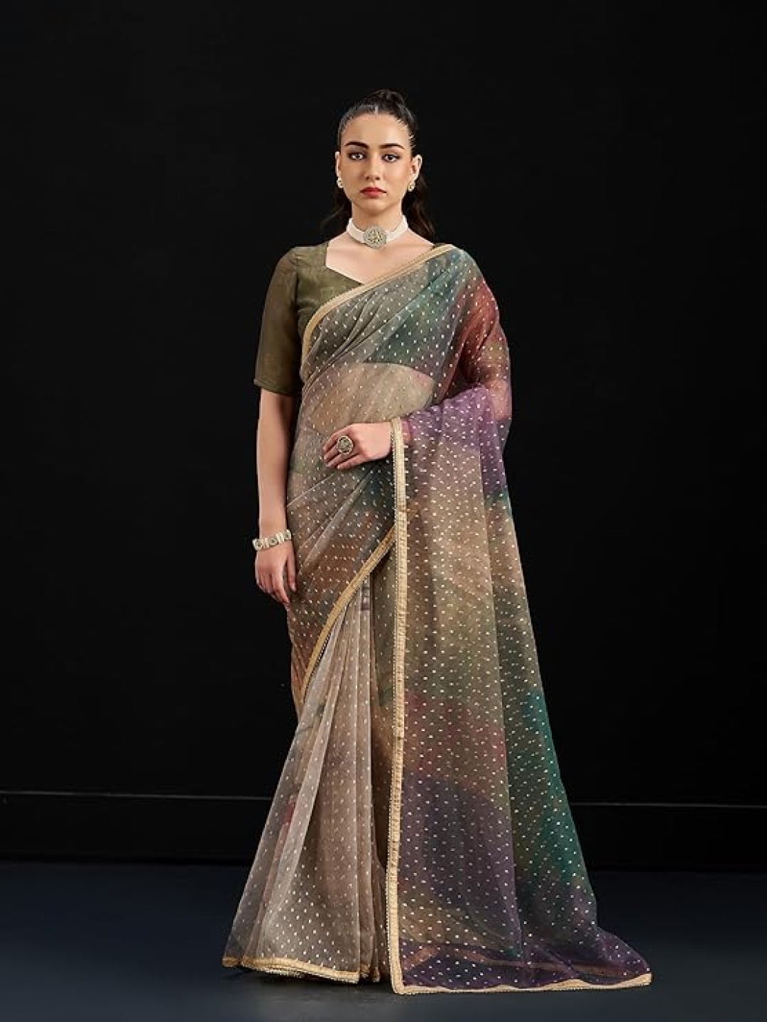 

BW X BUTTERFLY Jacquard Butti Embroidery Saree, Brown