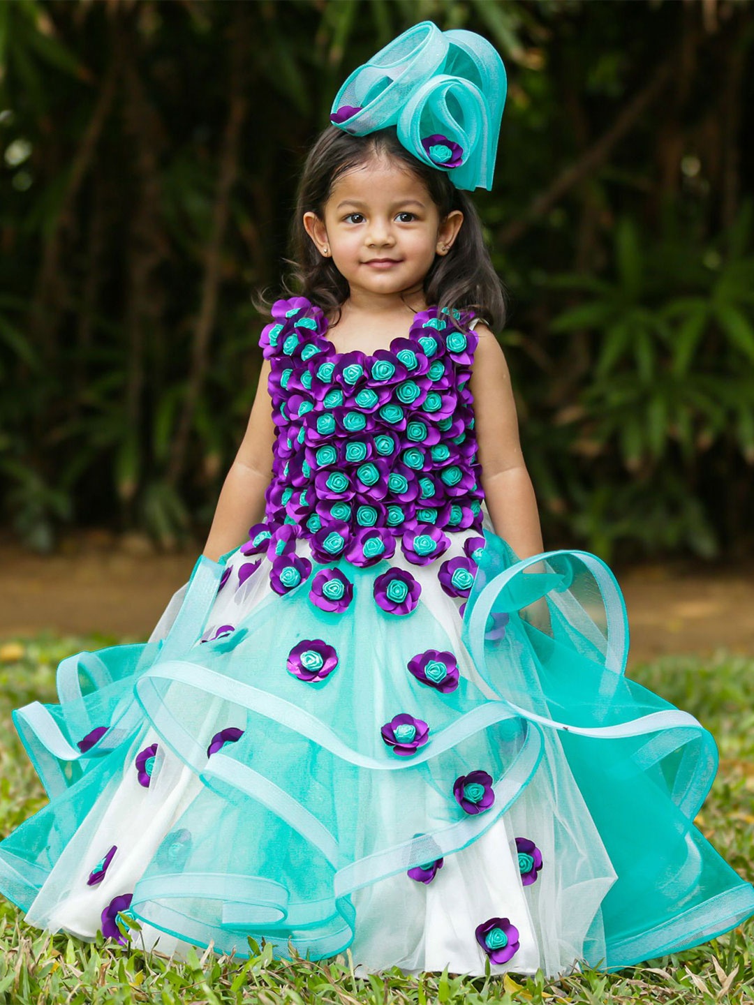 

Li & Li Boutique Girls Simple White Swirl Gown With Purple and Aqua Blue Flowers, Green