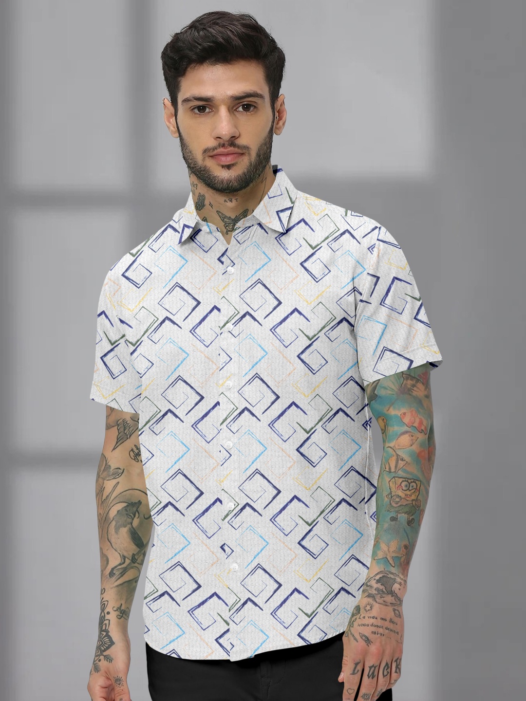 

QOSHA Men Standard Fit Spread Collar Geometric Printed Casual Shirt, White