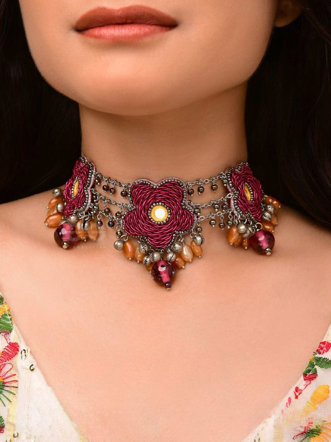 

EVERSTYLISH Sanjoya Mirror, Resham, Dabka & Glass Drops Embroidered Oxidised Neckpiece, Black