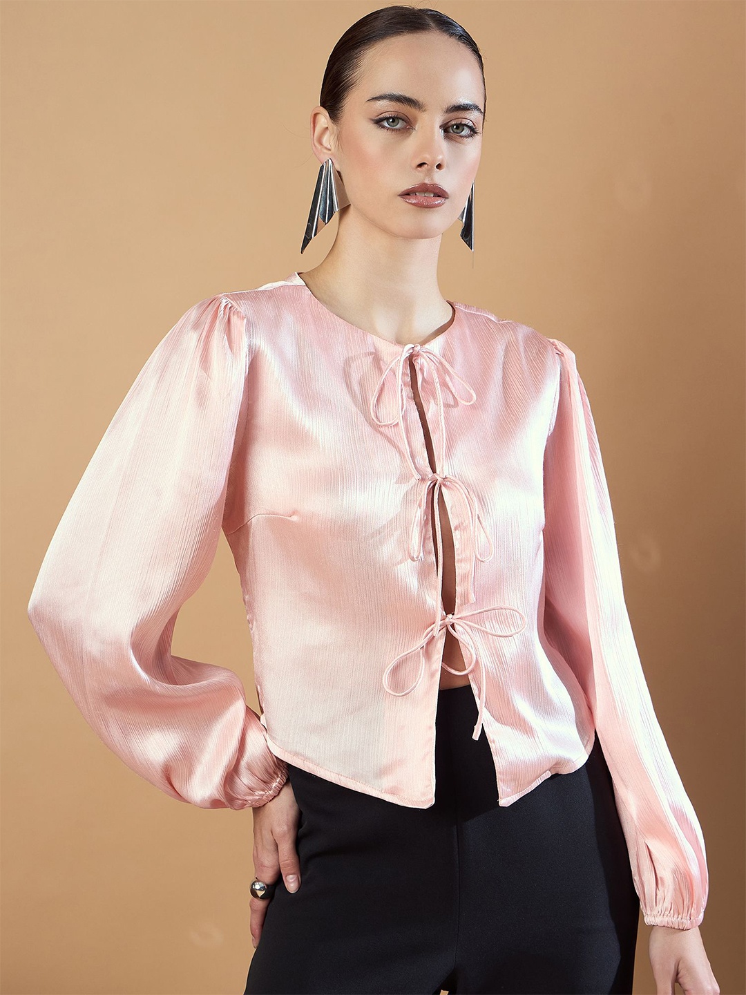 

Kibo Puff Sleeve Satin Top, Peach