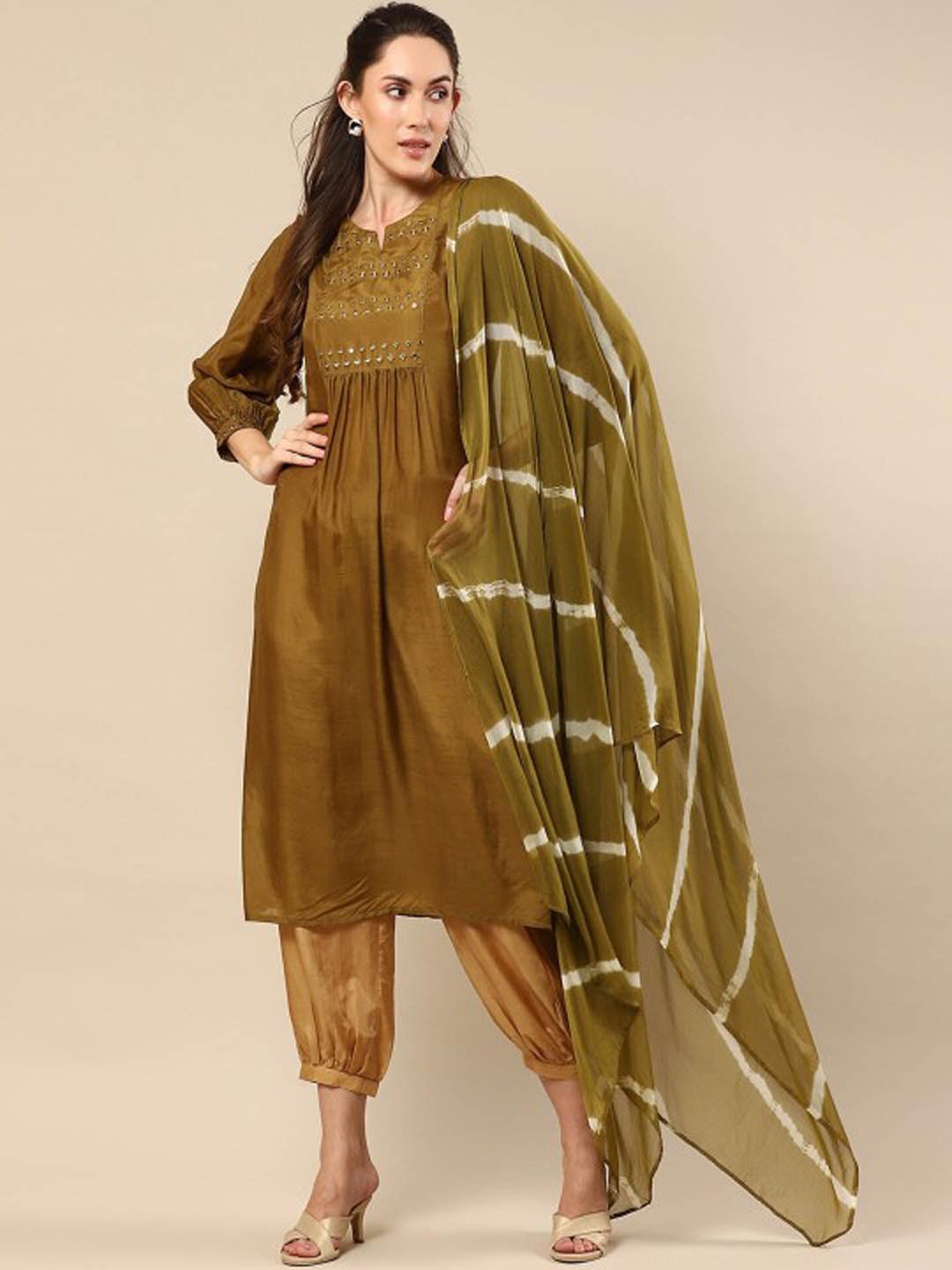 

Moda Rapido Embroidered Straight Mirror Work Kurta With Trousers And Dupatta, Green
