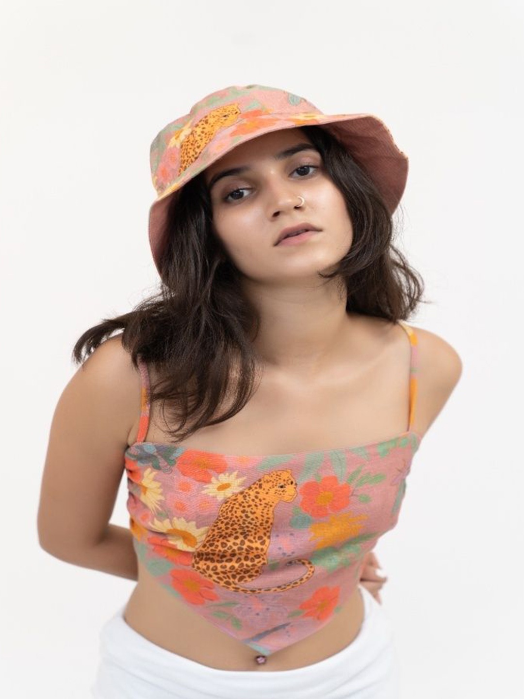 

LABEL SUGAR Printed Organic Cotton Reversible Fitted Crop Top, Pink