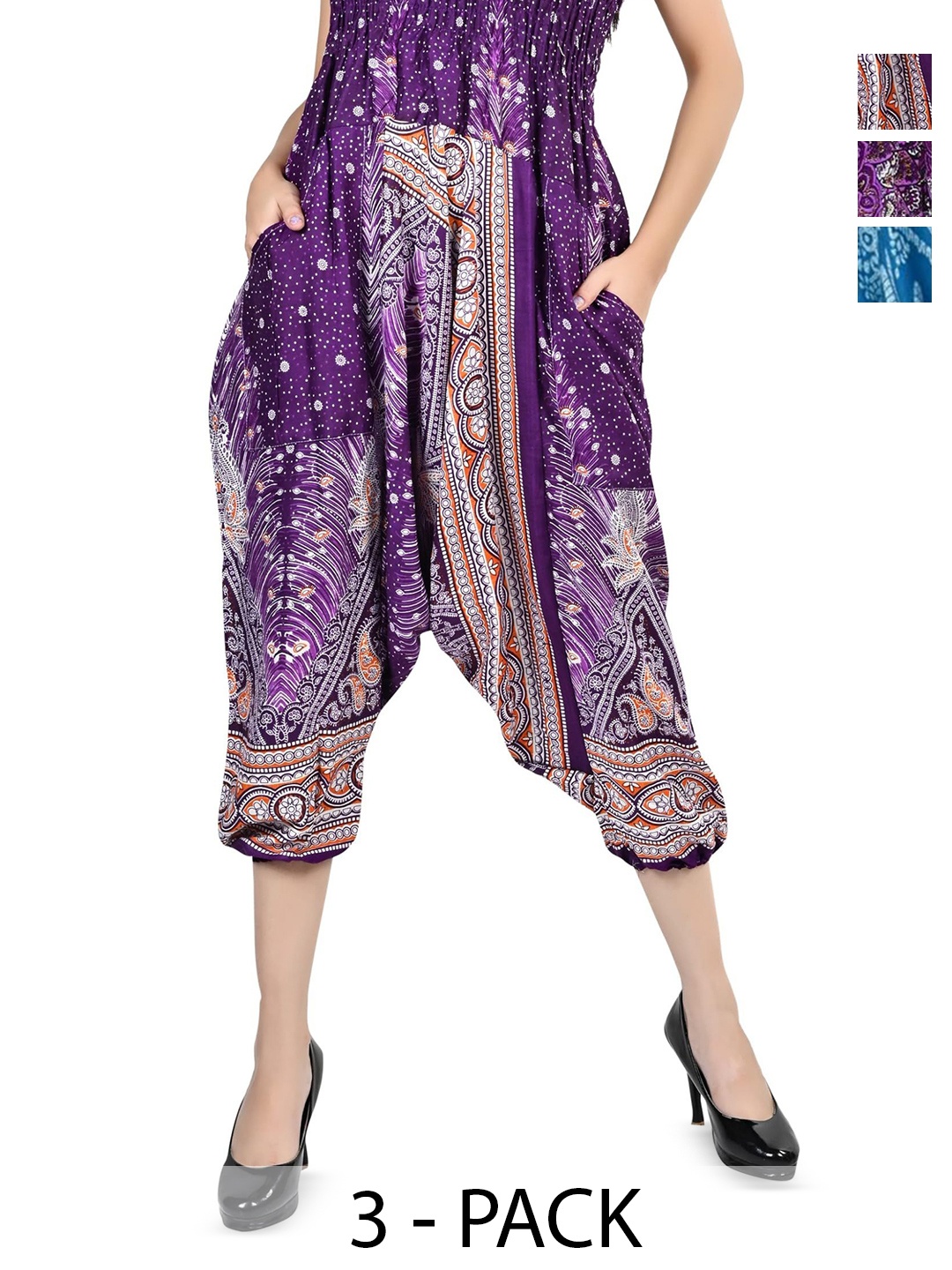 

NarNari Pack Of 3 Printed Mid-Rise Harem Pants, Blue