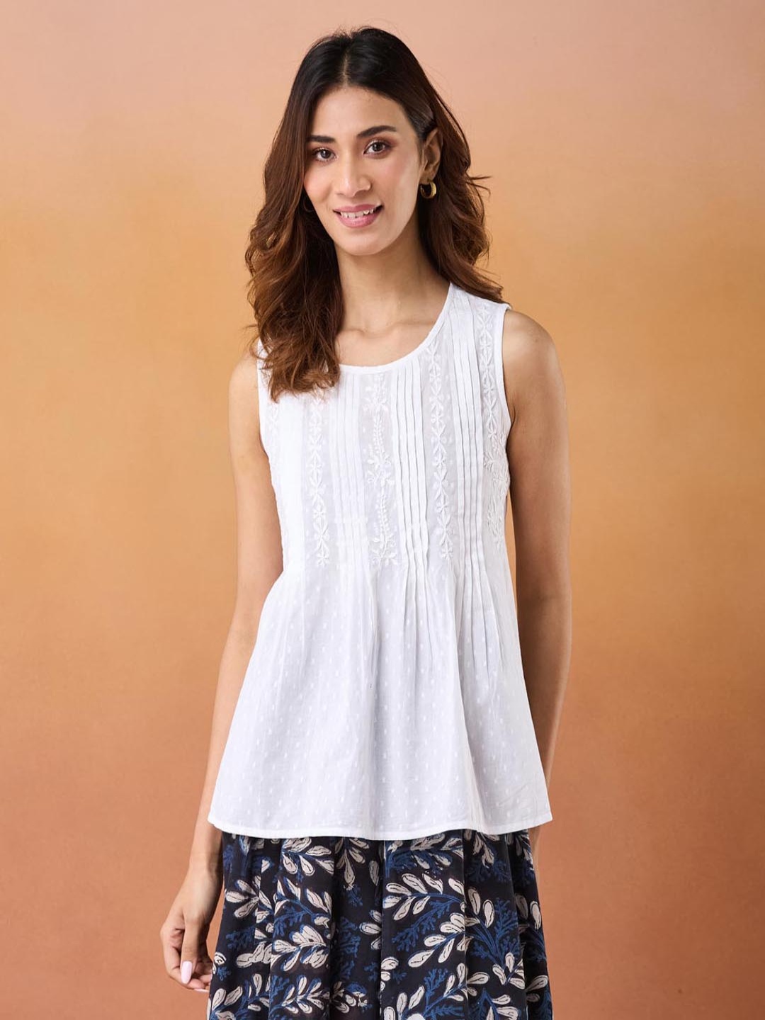 

Fabindia Women Embroidered Cotton Top, White
