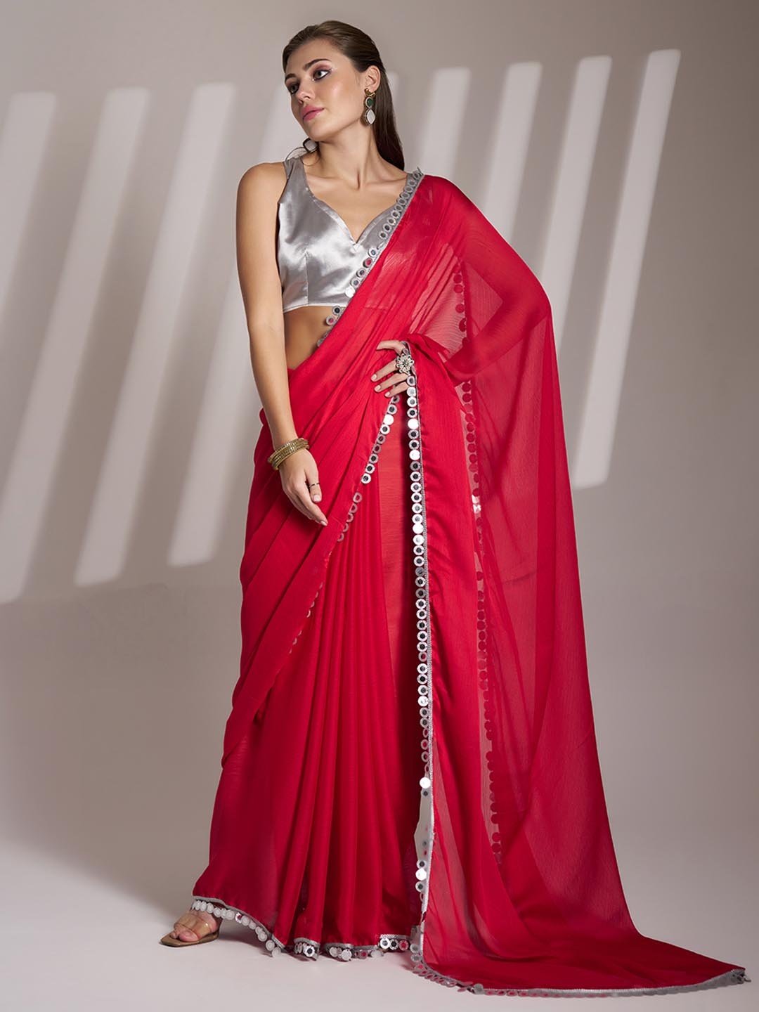 

Mitera Mirror Work Embellished Pure Chiffon Saree, Red
