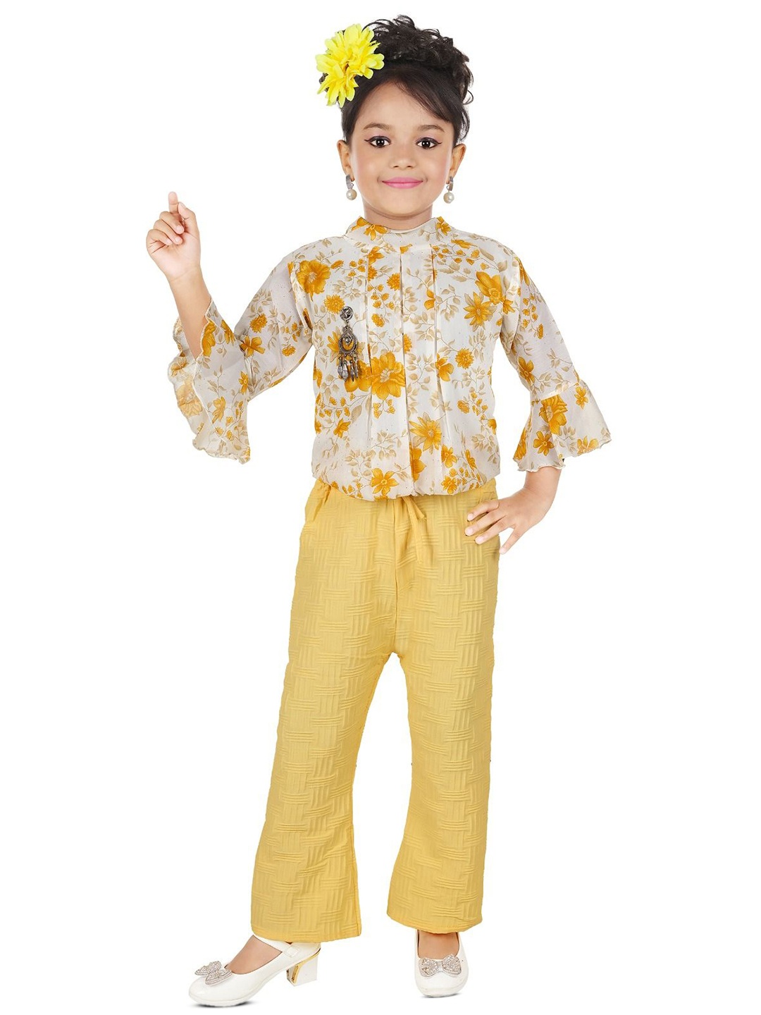

LAVISH CLUB Girls Printed High Neck Top With Trouser, Yellow