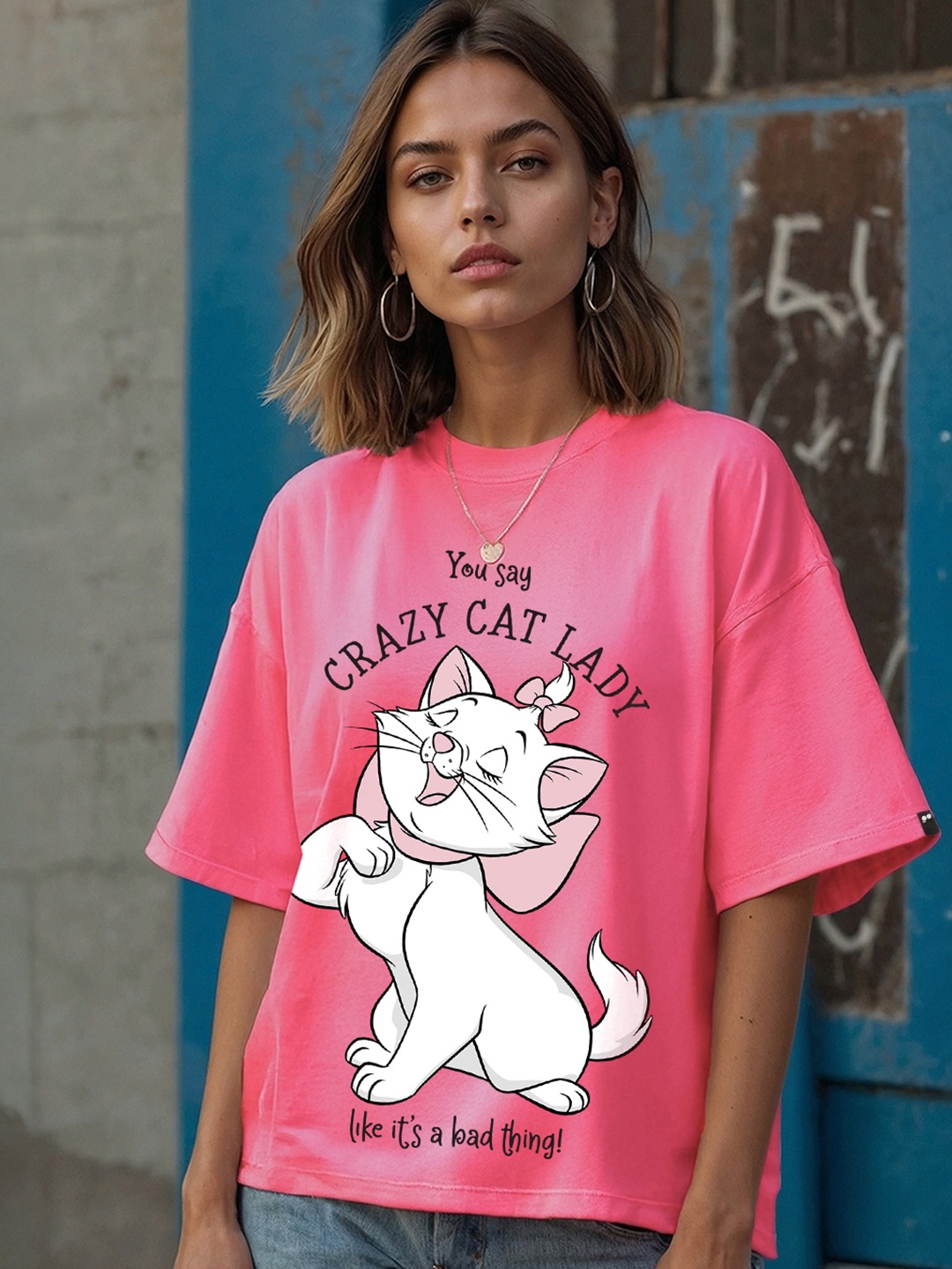 

Bewakoof Official Disney Merchandise Women's Crazy Cat Lady Pure Cotton Oversized T-shirt, Pink