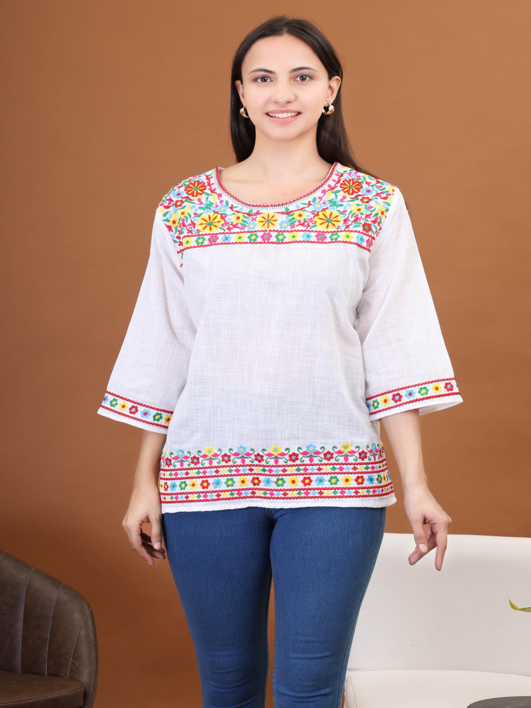

Moda Rapido Floral Embroidered Flared Sleeves Pure Cotton Kurti, White