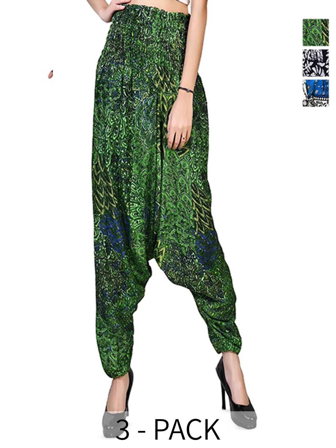 

NarNari Women Pack Of 3 Printed Mid-Rise Harem Pants, Blue