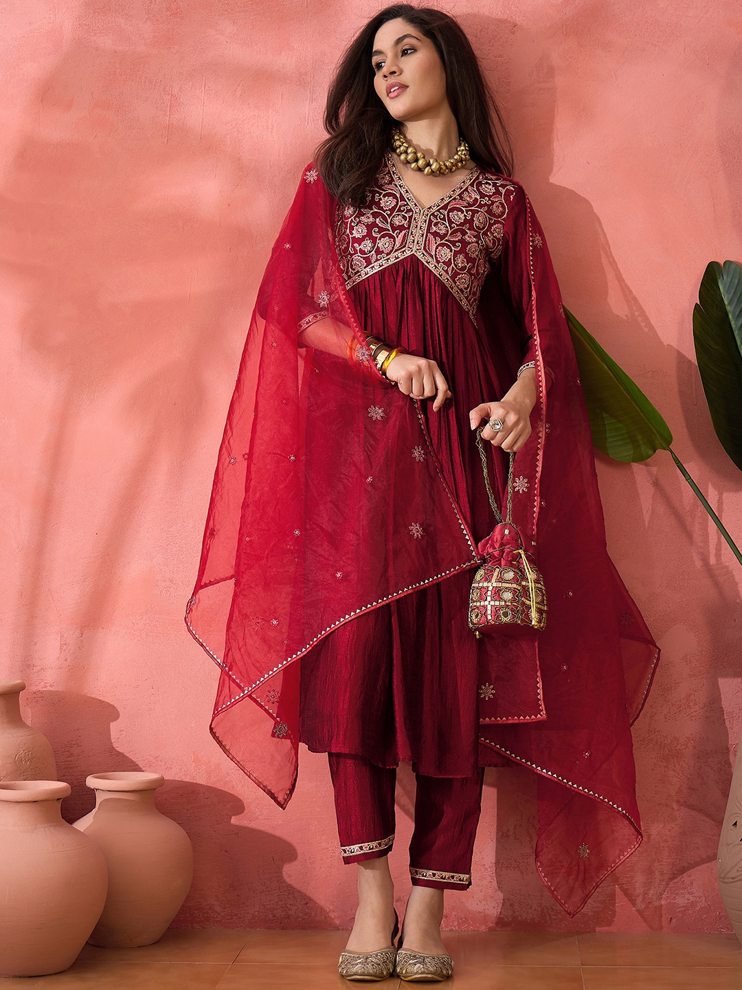 

Sangria Maroon Floral Yoke Design V-Neck Zari Anarkali Kurta With Trouser And Dupatta