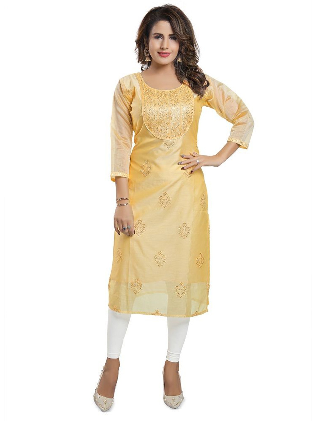 

DREAM & DZIRE Floral Embroidered Sequinned Round Neck Chanderi Silk Straight Kurta, Yellow