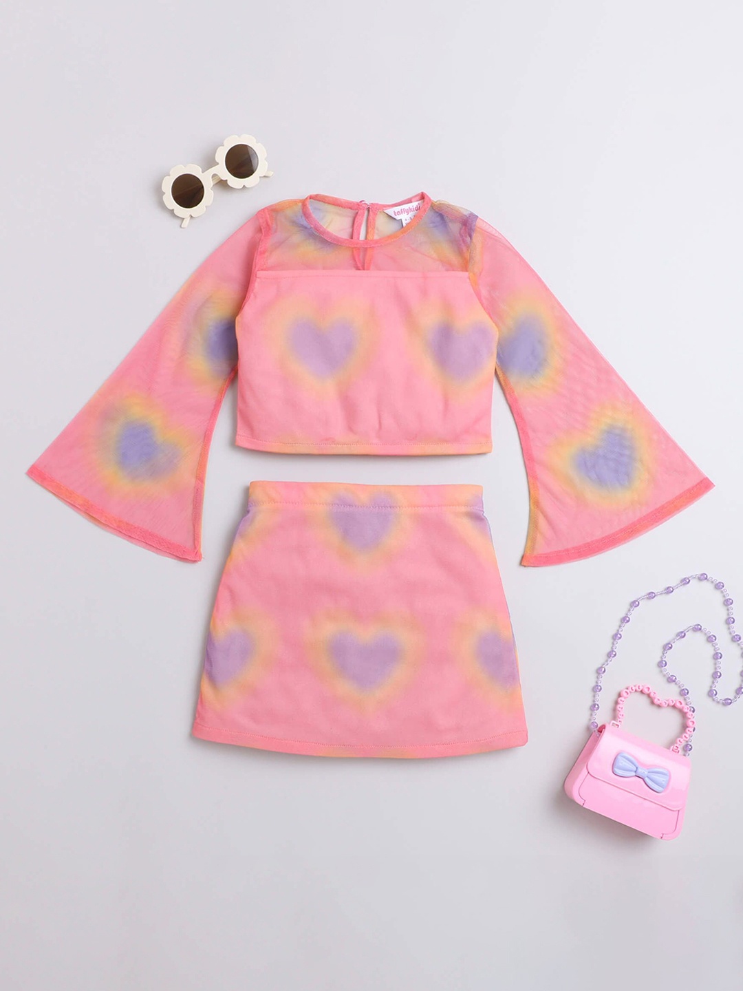 

taffykids Girls Printed Bell Sleeves Top With Skirt, Pink