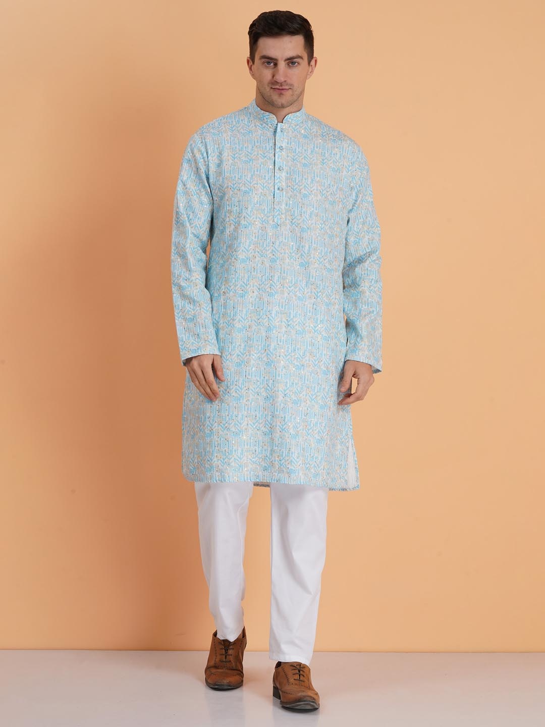 

SG LEMAN Men Printed Regular Kurti with Pyjamas, Turquoise blue