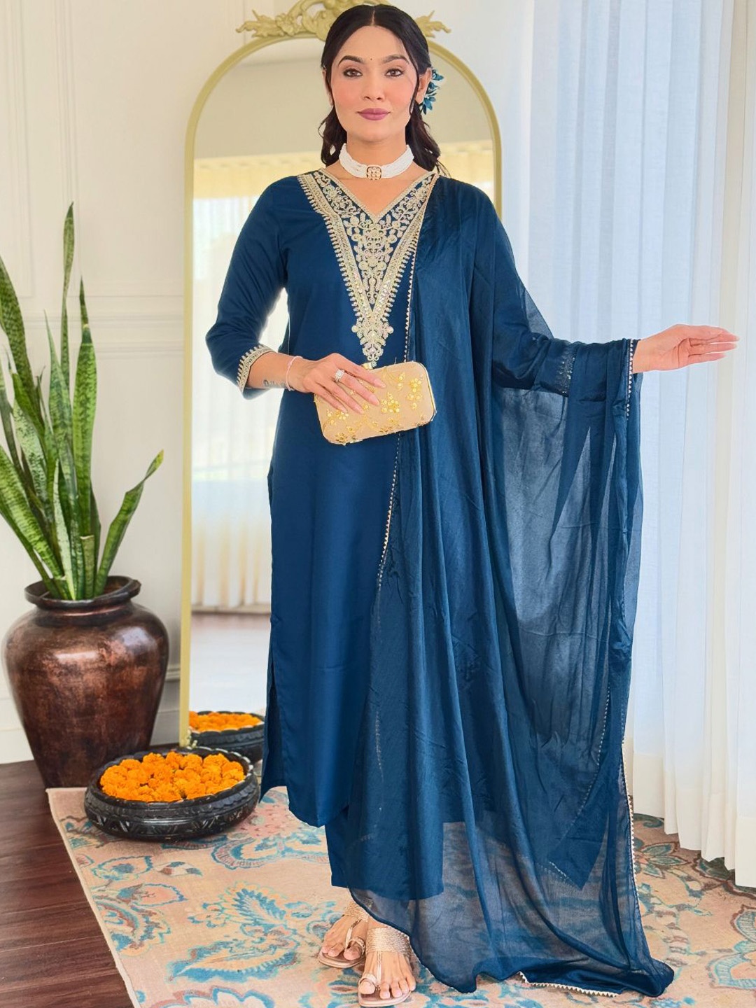 

KALINI Floral Embroidered V-Neck Sequinned Straight Kurta With Trousers & Dupatta, Teal