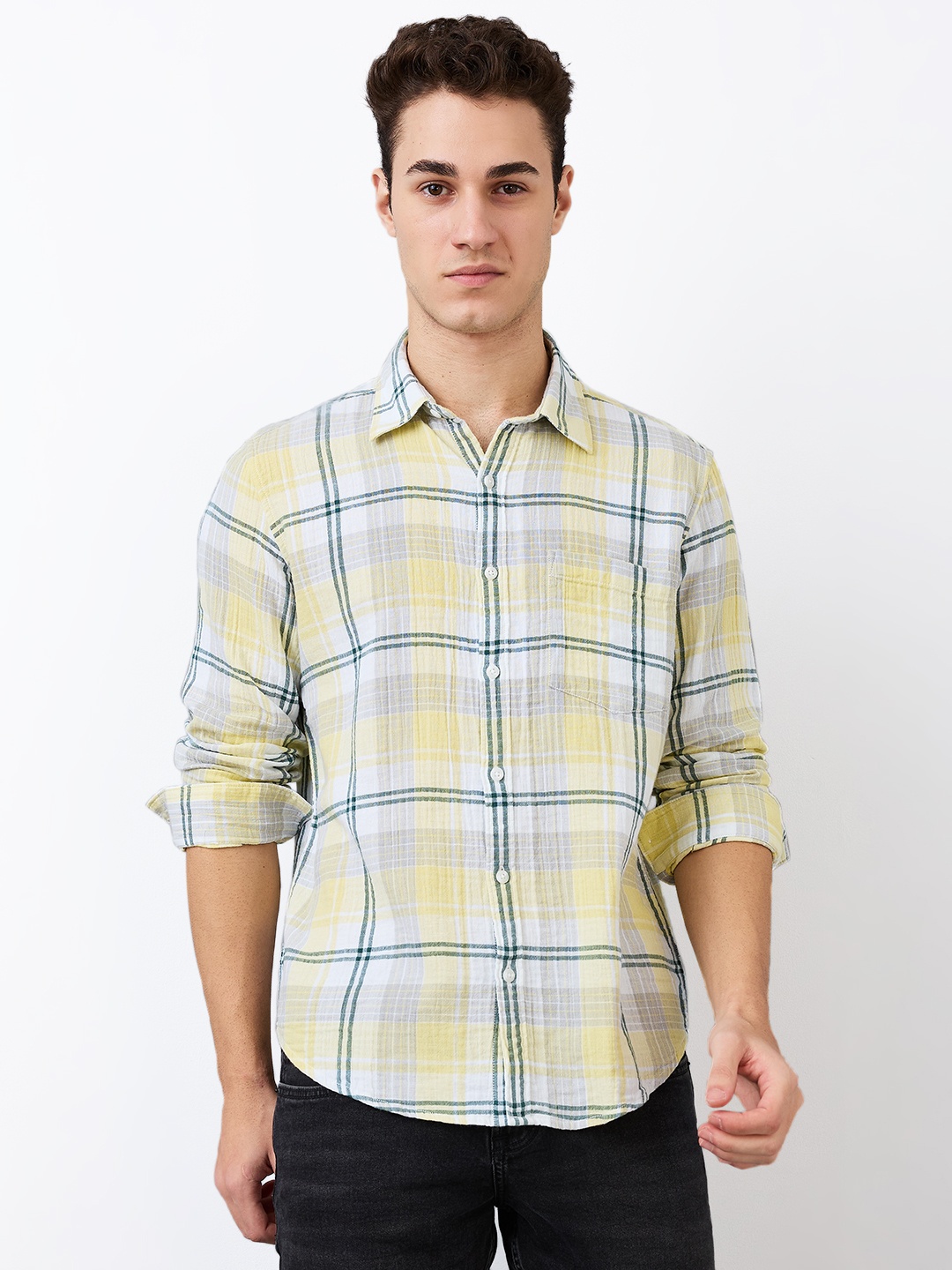 

SPYKAR Men Spread Collar Tartan Checked Cotton Casual Shirt, Yellow