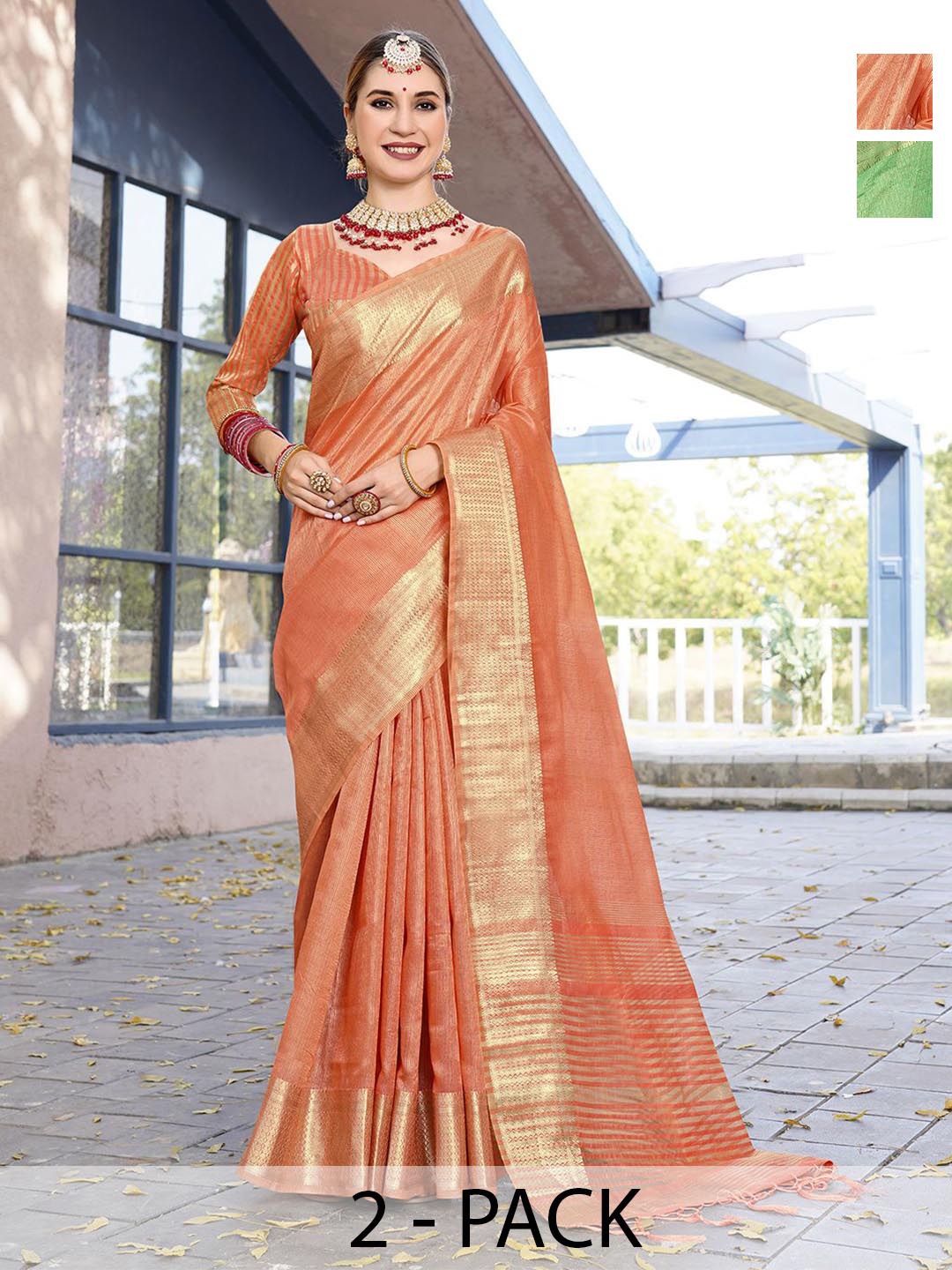 

Anouk Rustic Woven Design Zari Organza Banarasi Saree, Peach