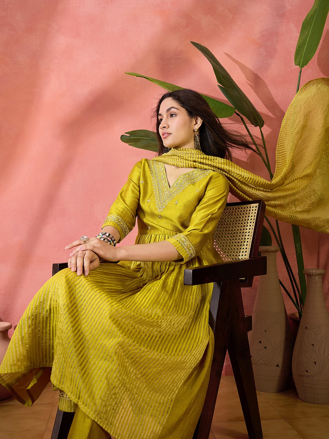 

Sangria Mustard Floral Embroidered V-Neck Kurta With Pant And Dupatta