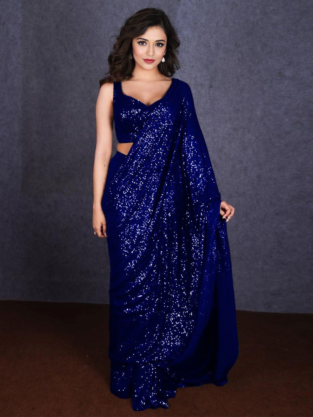 

ANJANI TEXTILE Embellished Sequinned Poly Georgette Saree, Blue