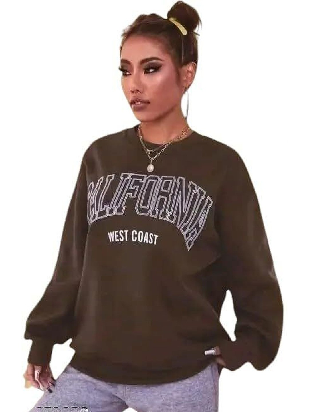 

KASHIAN Women Printed Hooded Sweatshirt, Coffee brown