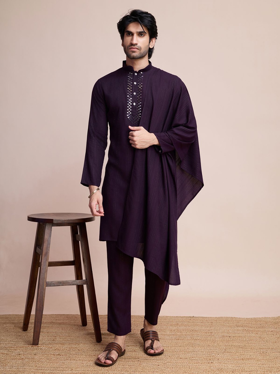 

ODETTE Striped Regular Mirror Work Kurta with Trousers & Dupatta, Purple