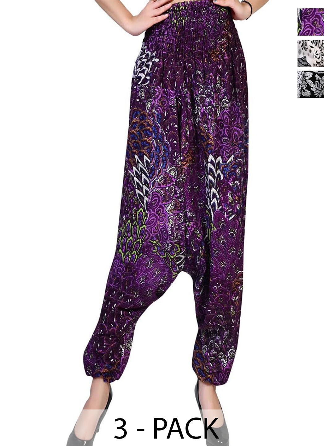 

NarNari Women Pack Of 3 Ethnic Motifs Printed Mid-Rise Loose Fit Harem Pants, Purple