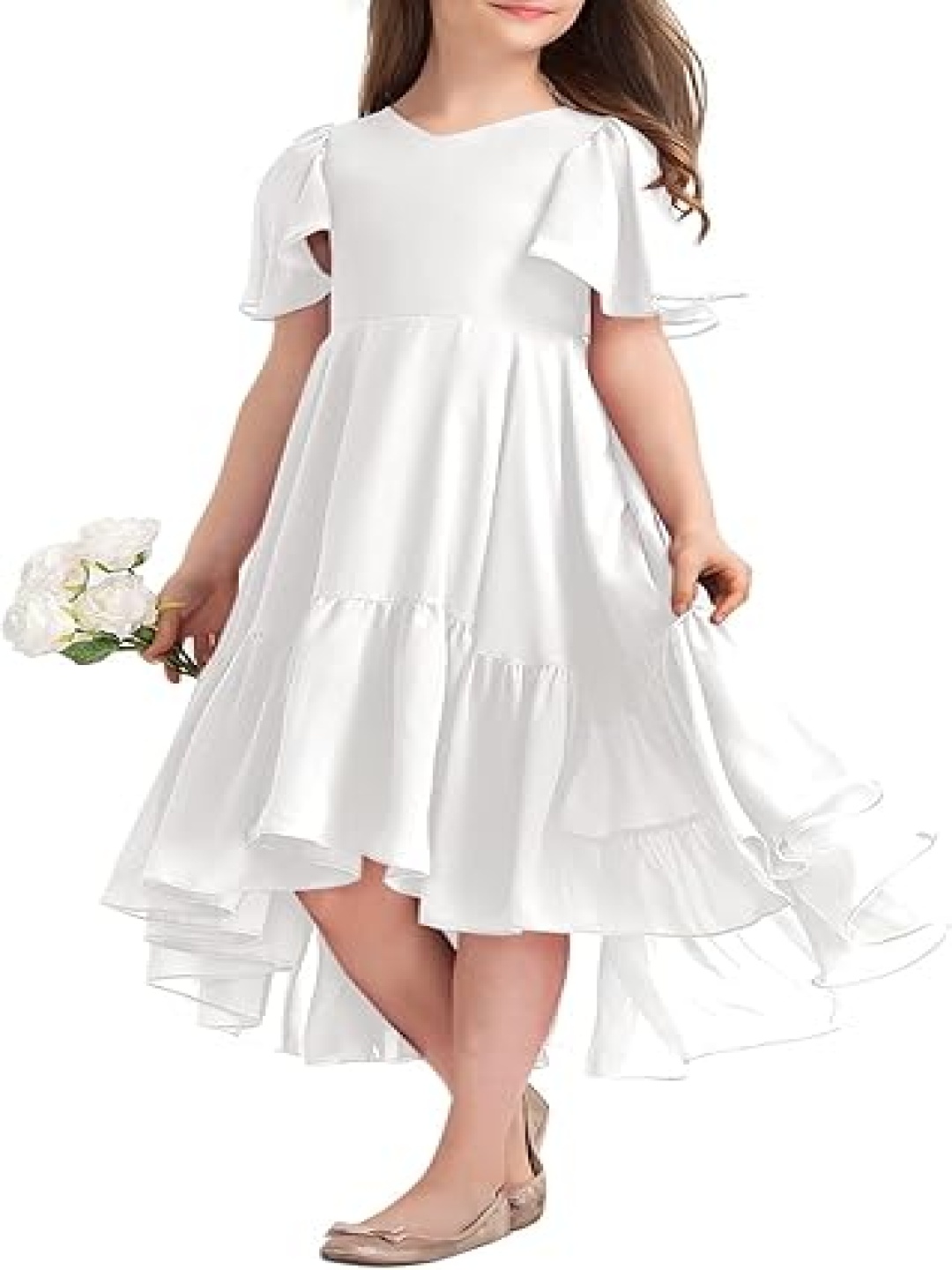 

R Cube Puff Sleeve Ruffled Georgette Fit & Flare Dress, White