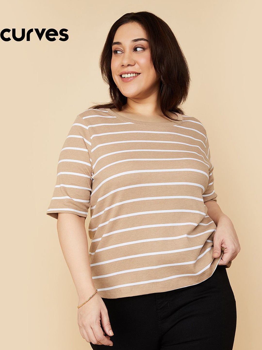 

Max Women Plus Size Striped Applique T-shirt, Brown