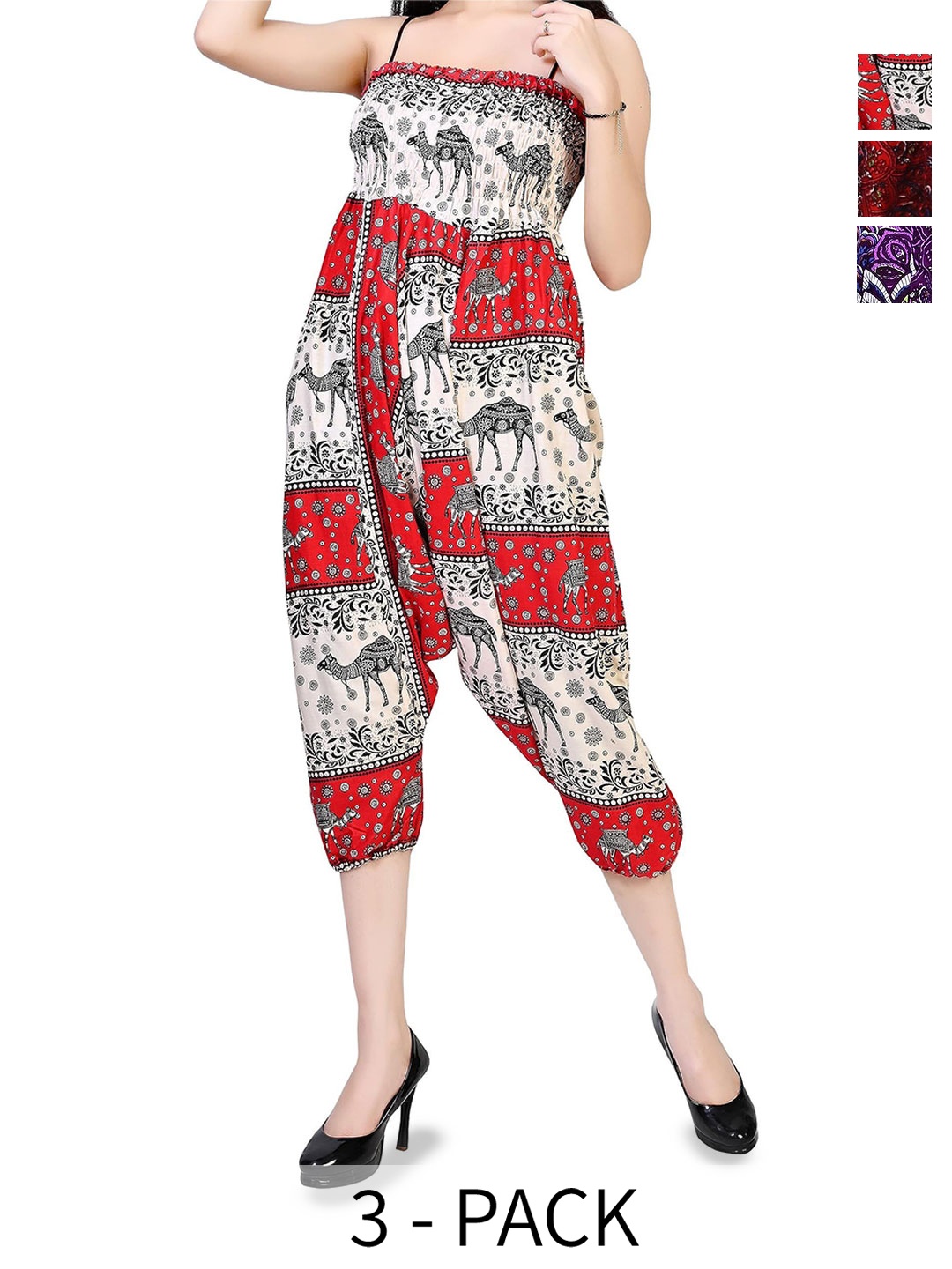 

NarNari Women Pack Of 3 Printed Mid-Rise Harem Pants, Red