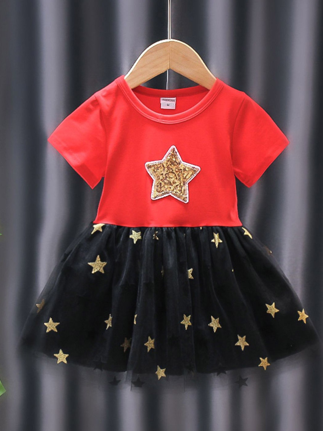 

YK Star Girls Embellished Cotton Stars Fit & Flare Dress, Red