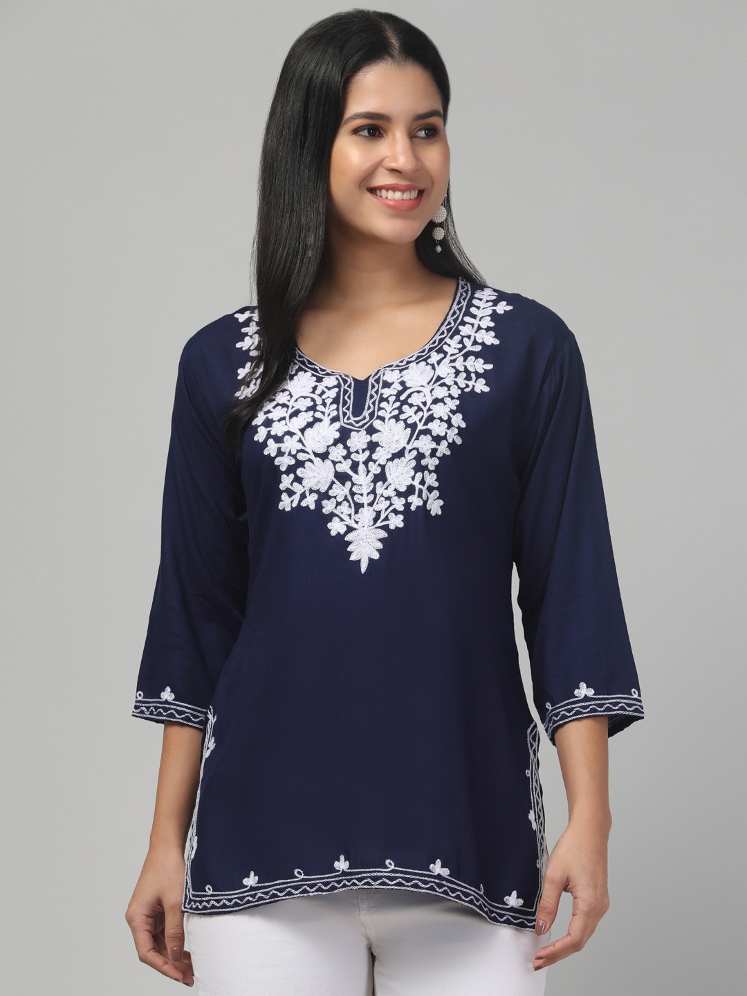 

Trend Level Floral Embroidered Kurti, Navy blue