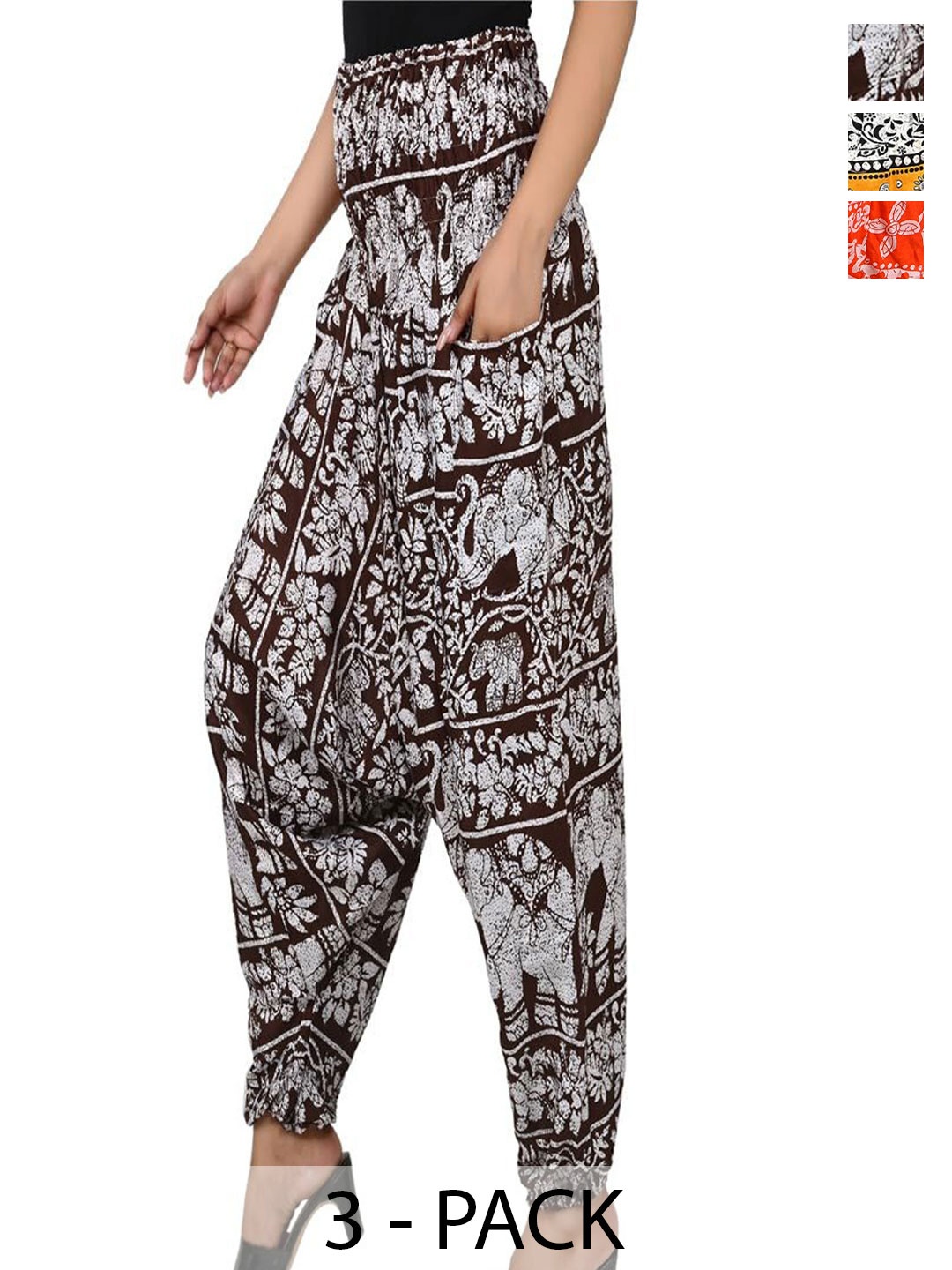 

NarNari Women Pack Of 3 Printed Harem Pants, Brown