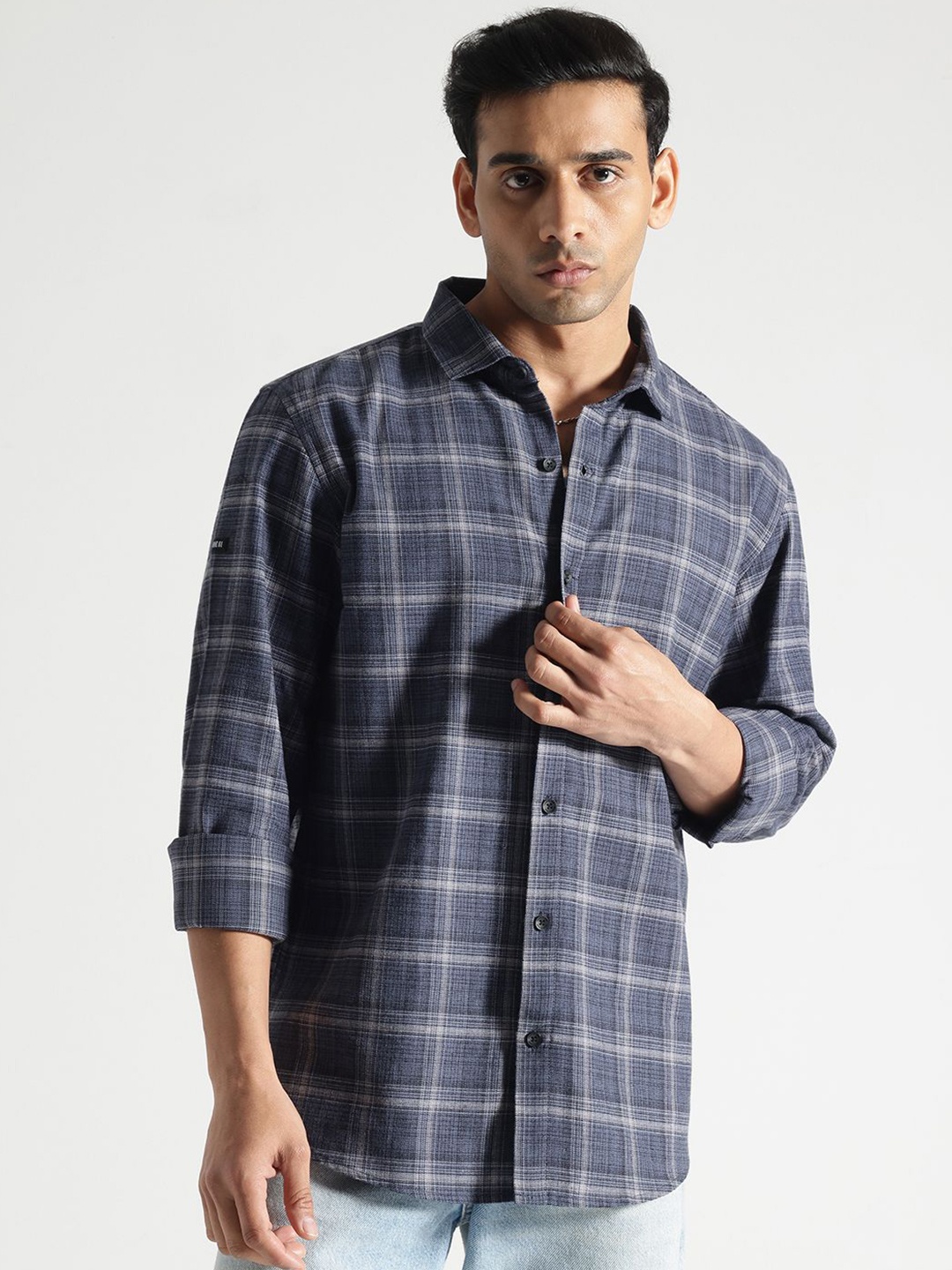 

Code 61 Men Standard Slim Fit Shepherd Checks Opaque Checked Casual Shirt, Turquoise blue