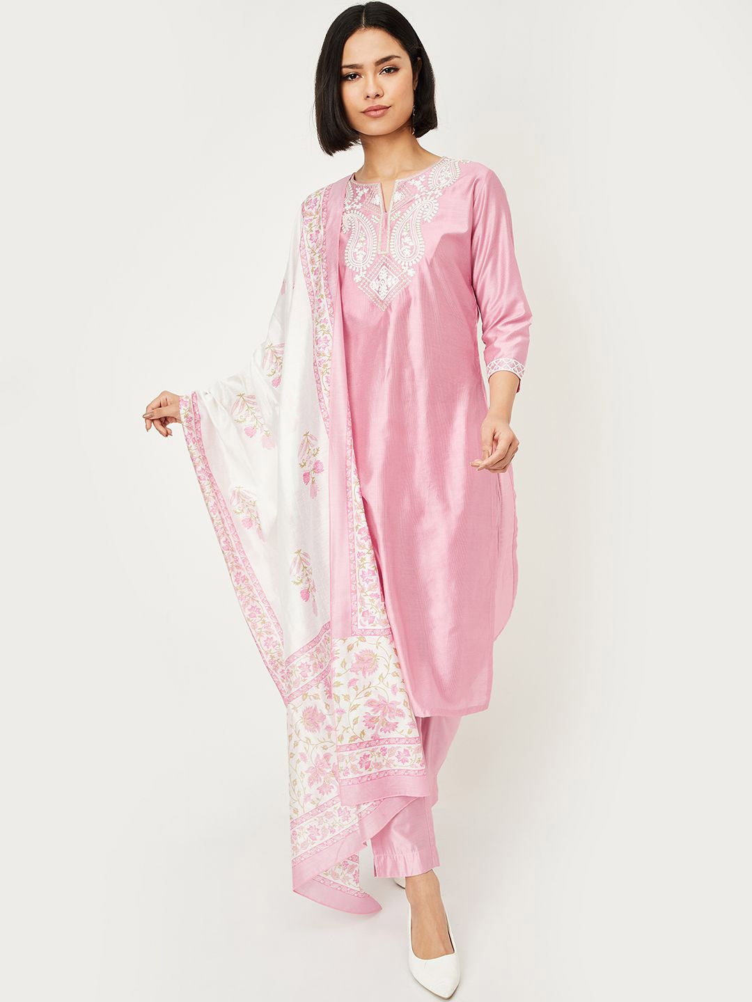 

max Floral Embroidered Thread Work Kurta With Trouser And Dupatta, Pink