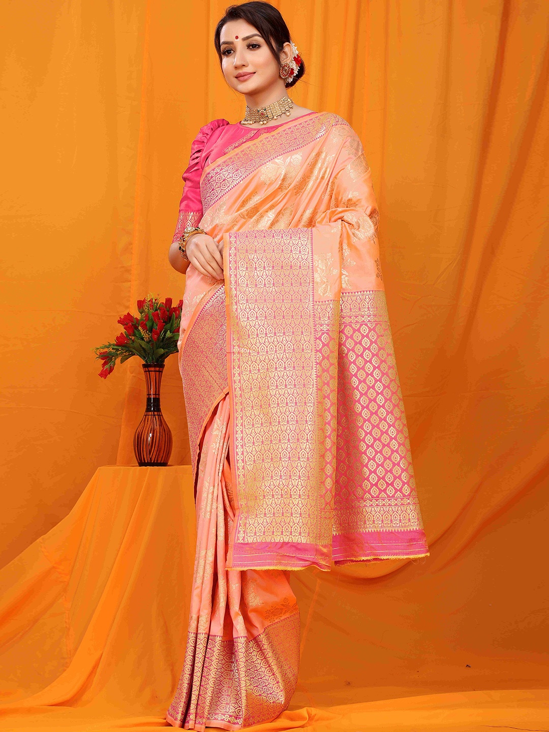 

amirat Woven Design Zari Pure Silk Banarasi Saree, Orange