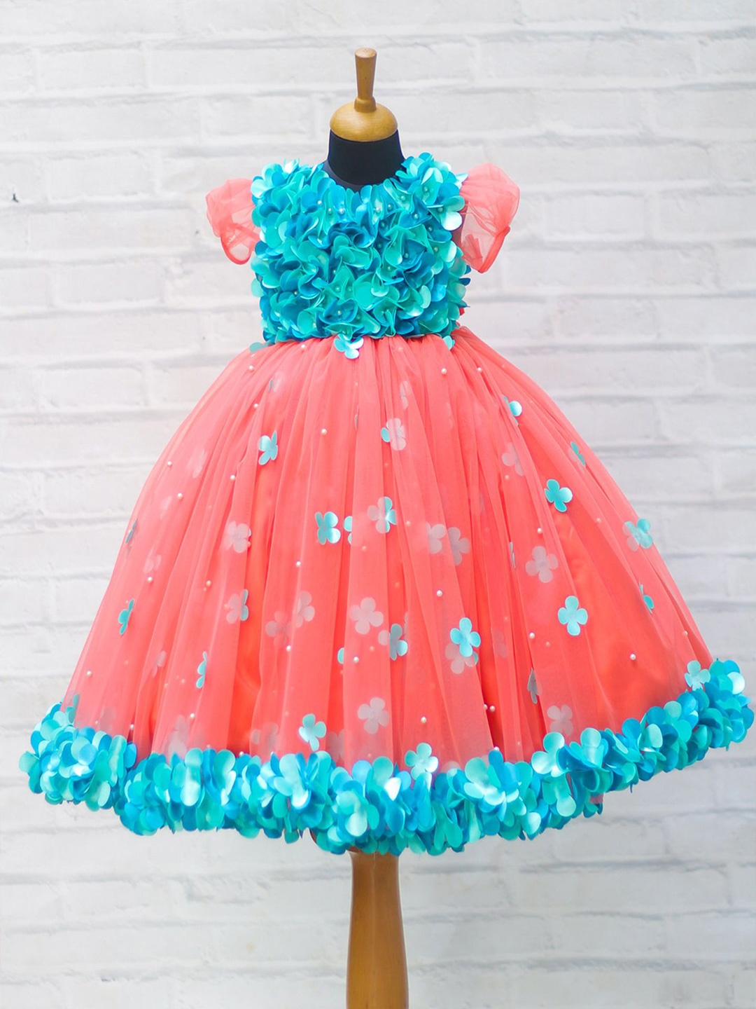 

Li & Li Boutique Girls Coral and Aqua Blue Shaded Flower Petal Frock