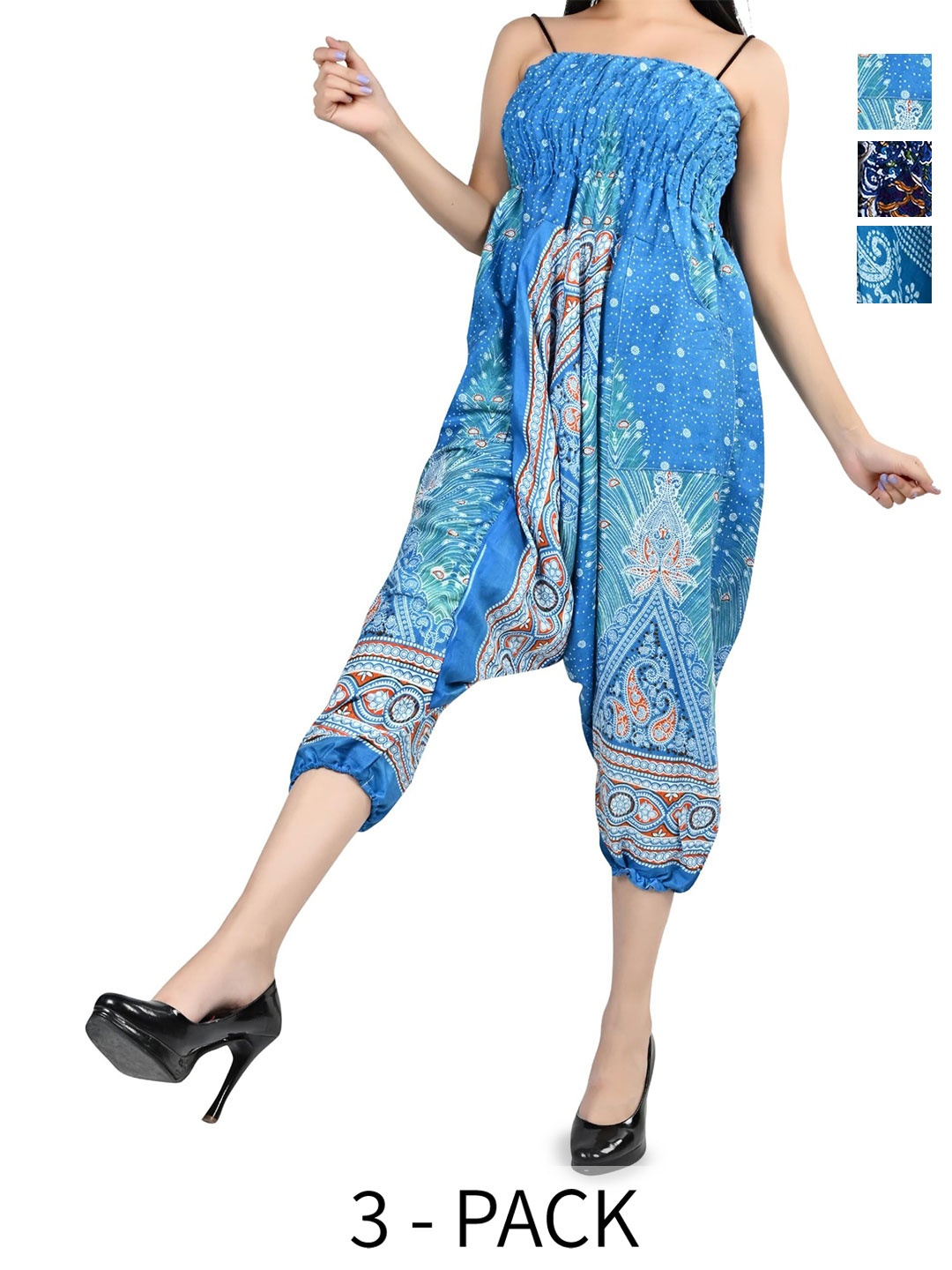 

NarNari Women Pack Of 3 Block Print Mid-Rise Harem Pants, Navy blue