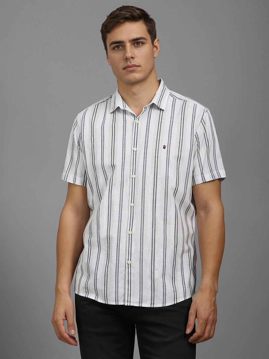 

Louis Philippe Jeans Men Spread Collar Vertical Striped Cotton Casual Shirt, White