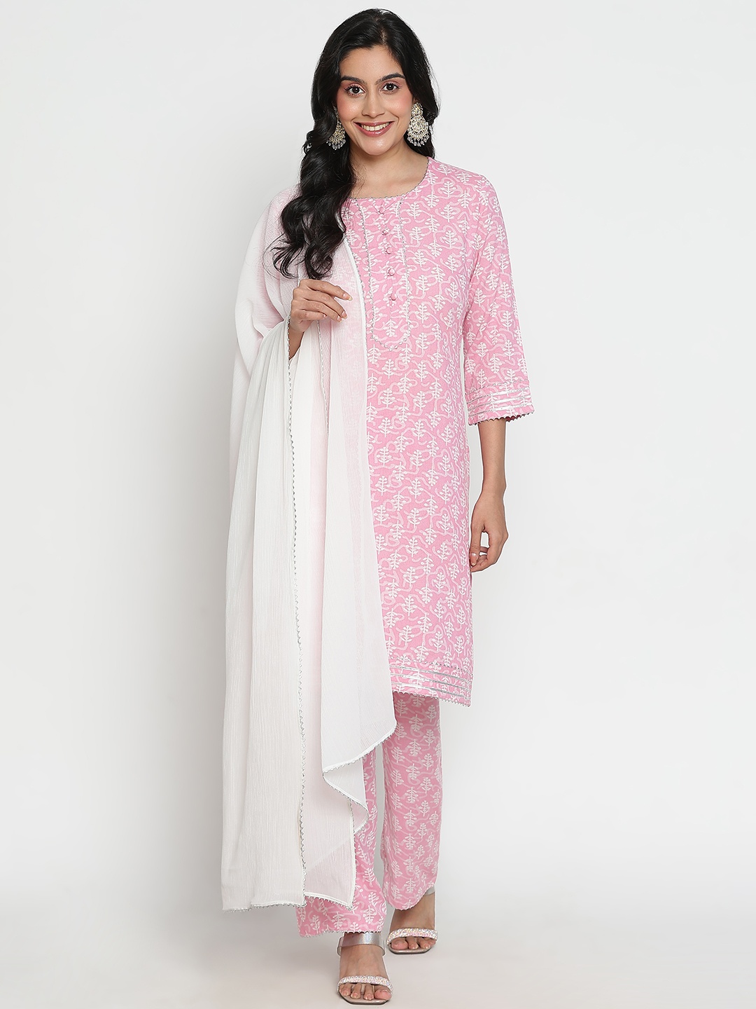 

VEGAL Floral Printed Round Neck Gotta Patti Straight Kurta With Palazzos & Dupatta, Pink