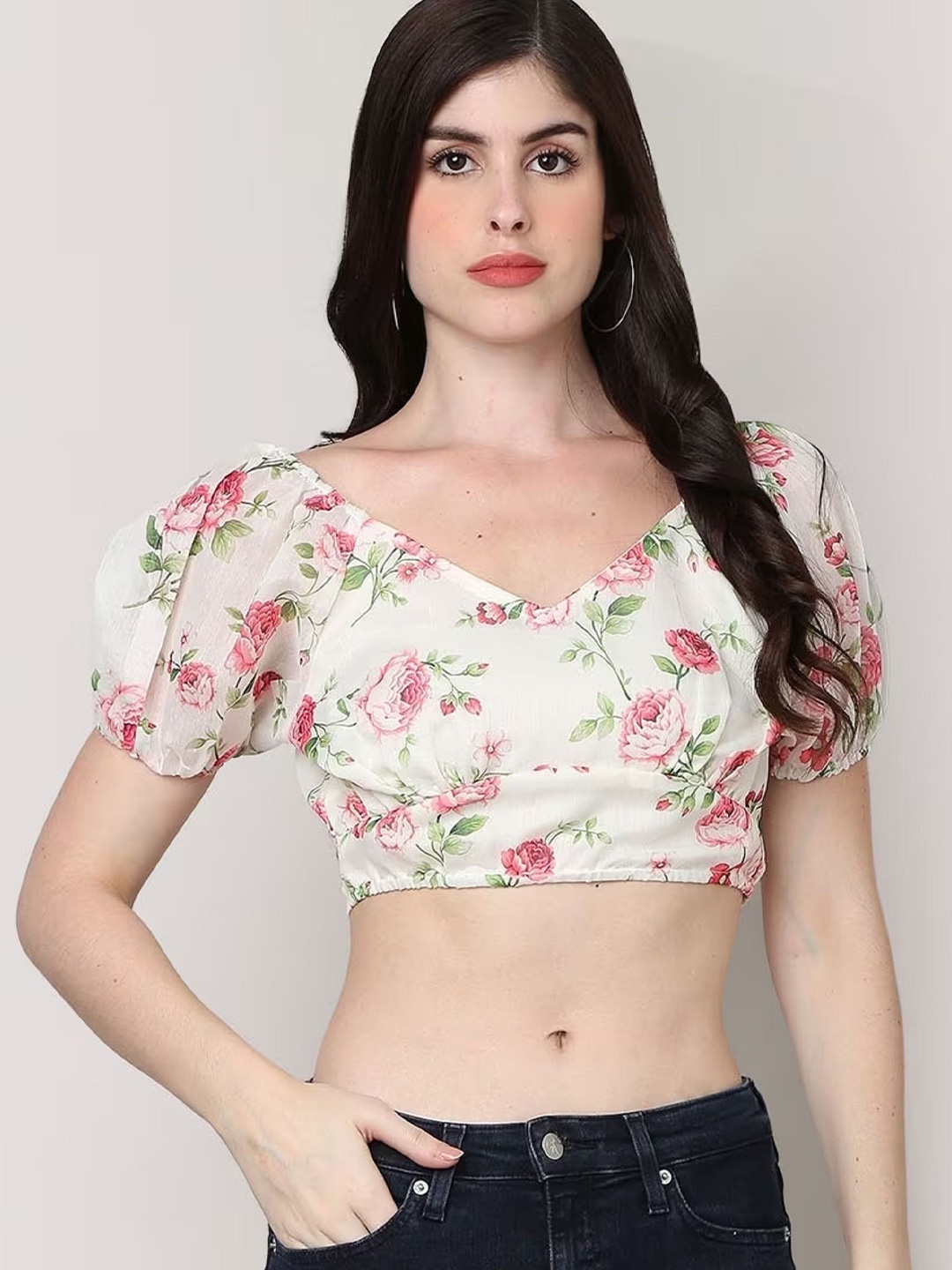 

SAKURA Floral Print Puff Sleeve Crop Top, White