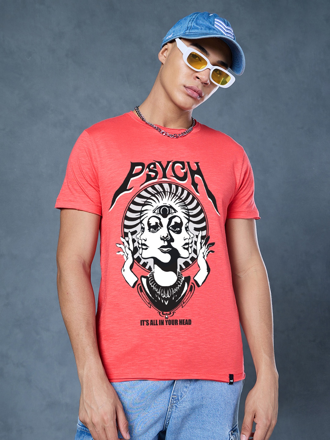 

Bewakoof AIR Men Graphic Printed Round Neck Cotton T-shirt, Pink