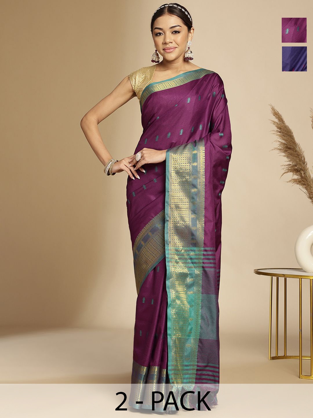 

Anouk Rustic Pack of 2 Woven Design Zari Taant Saree, Burgundy