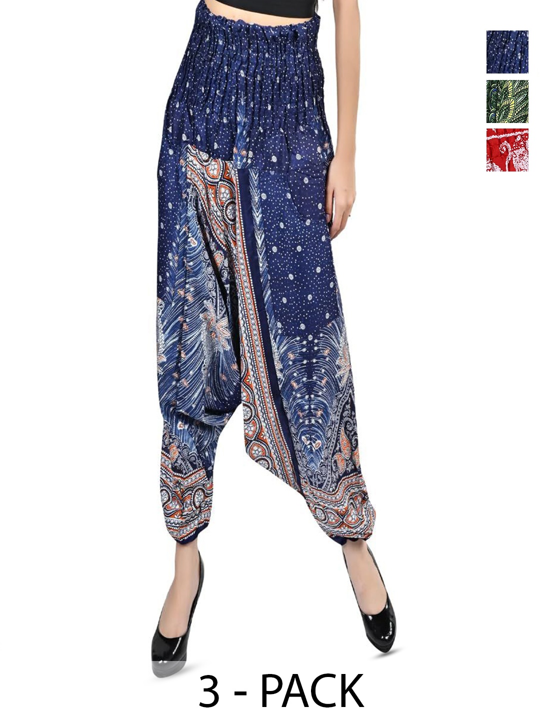 

NarNari Women Pack Of 3 Printed Mid-Rise Harem Pants, Green