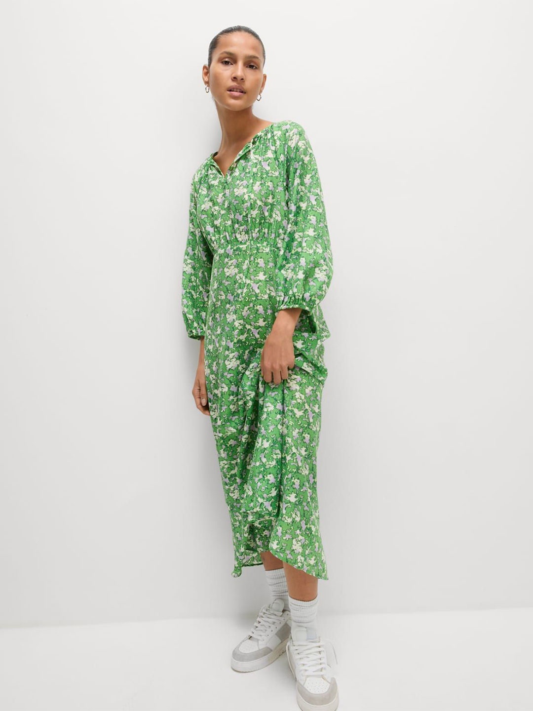 

Marks & Spencer Women Floral Printed Cotton Fit and Flare Midi Dress, Green