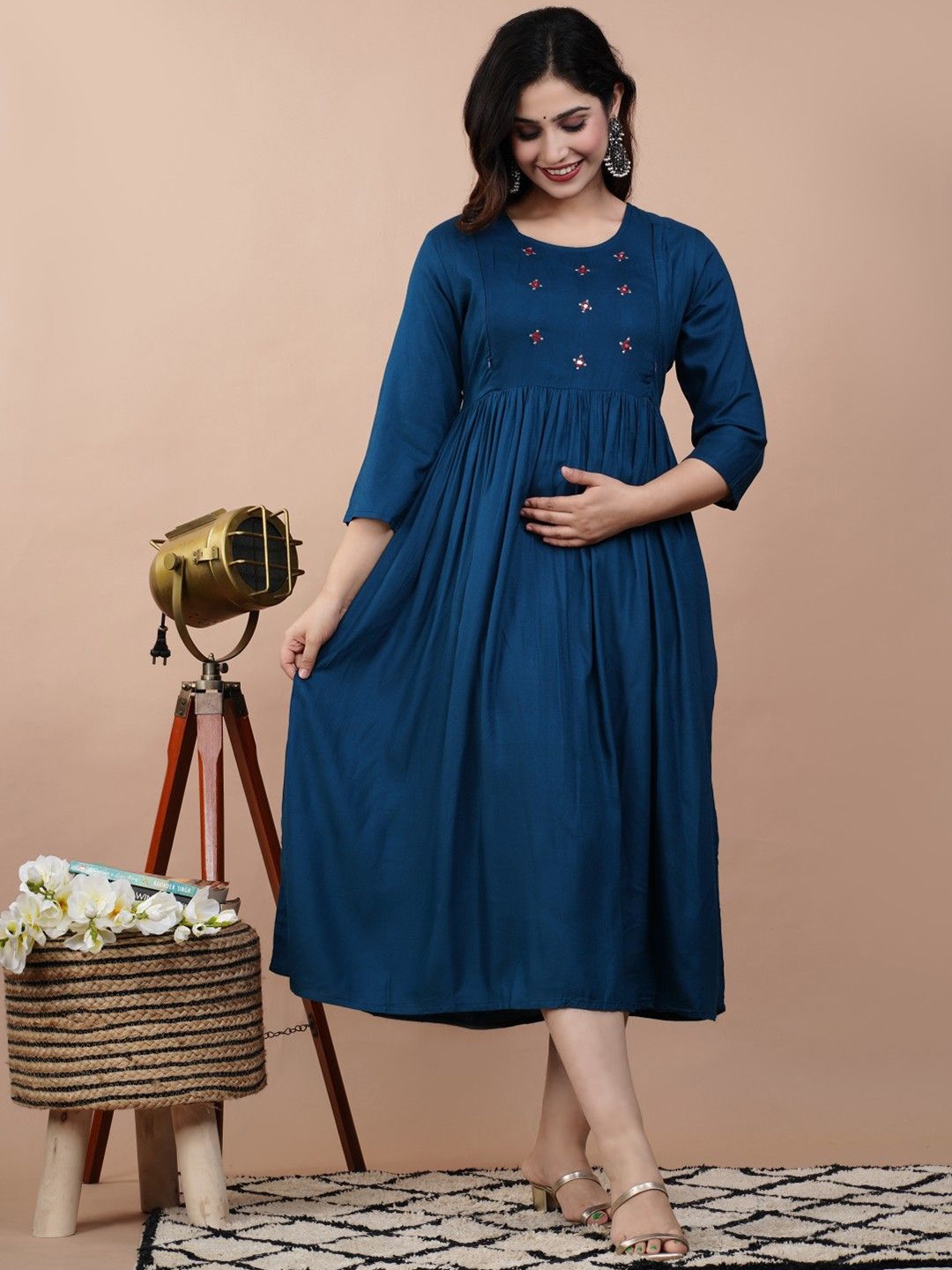 

TROPWEAR Round Neck Floral Embroidered Maternity Fit And Flare Ethnic Dresses, Blue