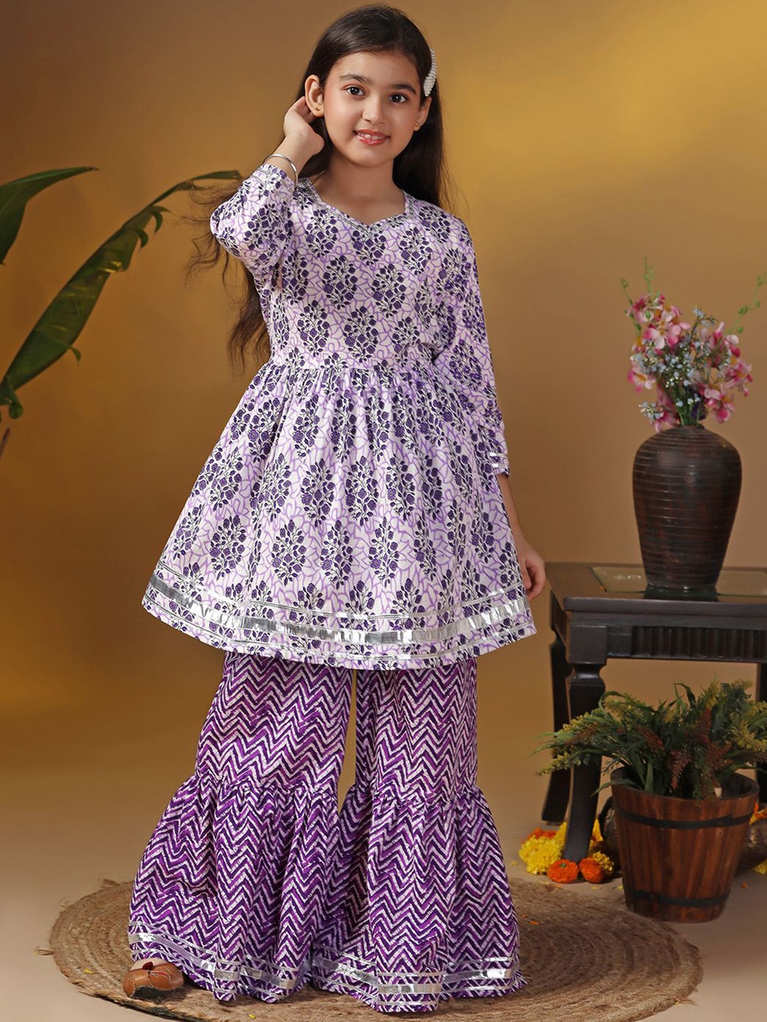 

FASHION DREAM Girls Paisley Printed Round Neck Anarkali Kurta & Sharara, Purple