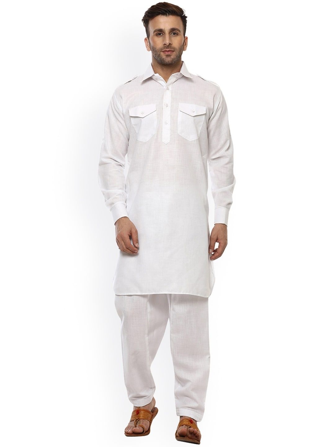 

CHARLOTTE GRACIOUS Shirt Collar Pure Cotton Pathani Kurta With Salwar, White