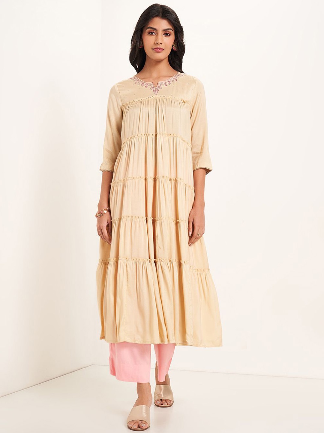 

RANGMANCH BY PANTALOONS Tiered Notch Neck Sequinned Anarkali Kurtas, Cream